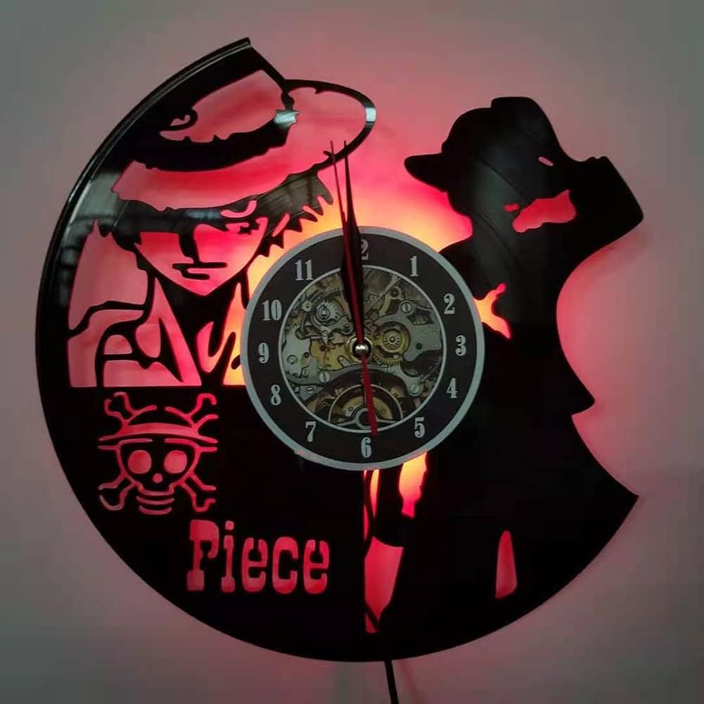 One Piece นาฬิกาแขวนผนังไวนิล, สร้างสรรค์แขวนไฟกลางคืน 7 สีผนังนาฬิกาห้องนั่งเล่นแสงตกแต่งบ้านของขวัญ