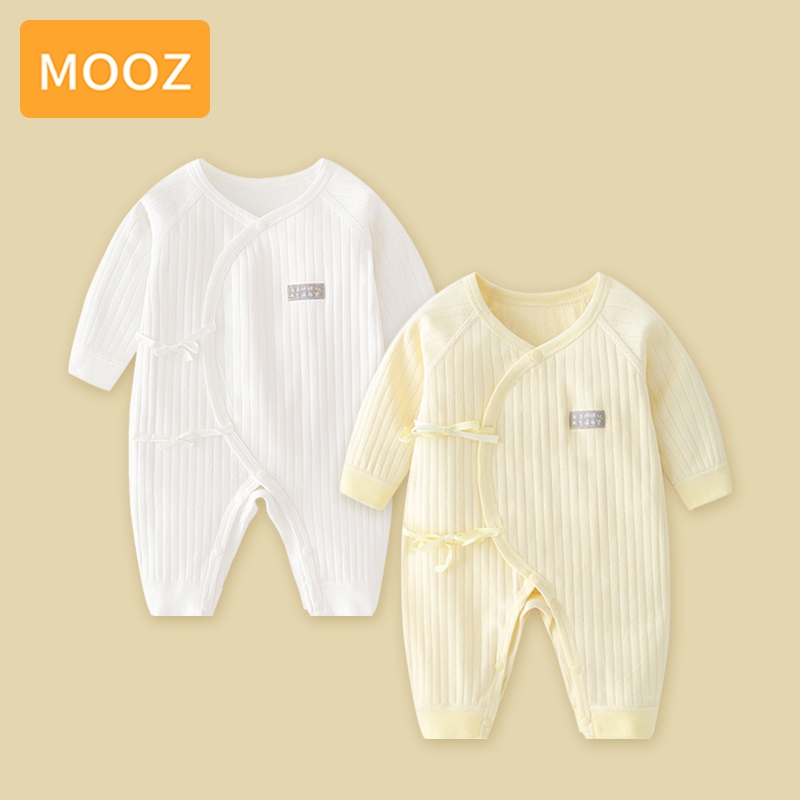 MOOZ ทารกจั๊มสูทสีทึบเด็กชายและเด็กหญิงแขนยาวทารกแรกเกิดถักกระดุมสแน็ปด้านปีนเขาชุดปีนเขาห้องแอร์เด็กผ้าฝ้ายแขนยาวป้องกันหน้าท้องใส่ได้ทุกฤดูกาล CDC024