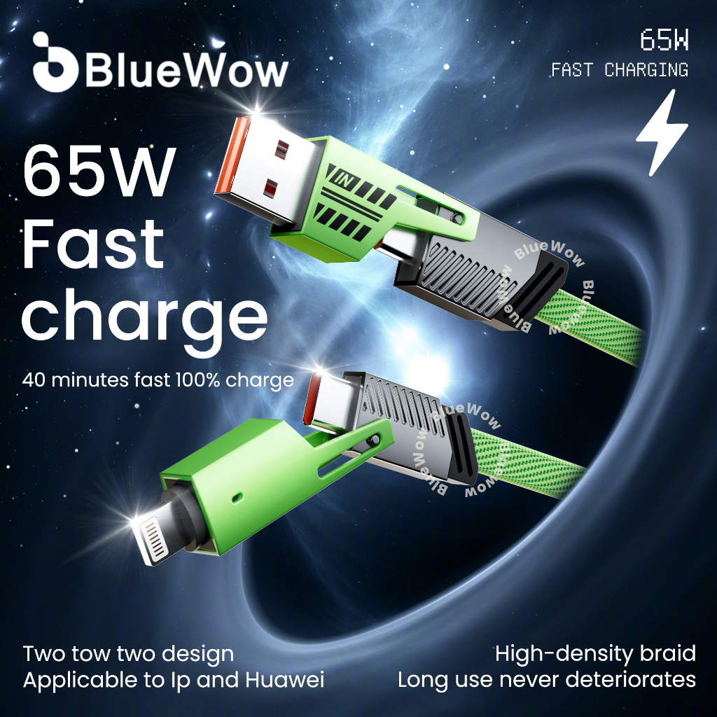 Bluewow 65W 4 IN 1 Fast Charging Data Cable เหมาะสําหรับพอร์ต Type C พอร์ต Micro และพอร์ต IP