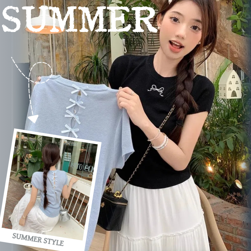 NZN เสื้อผ้าผู้หญิงเวอร์ชั่นเกาหลีแฟชั่นอ่อนโยนโบว์คอกลมแขนสั้นถัก