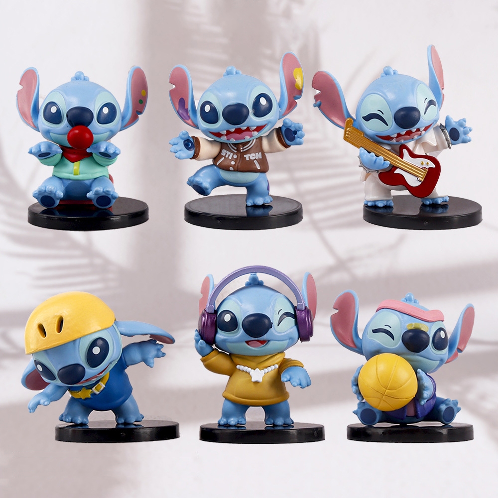 6 ชิ้น/เซ็ตอะนิเมะการ์ตูน Lilo & Stitch รูปเพลง Party Stitch เล่นกีตาร์ Kawaii น่ารักรุ่น Q PVC Action Figures ตุ๊กตาของเล่น