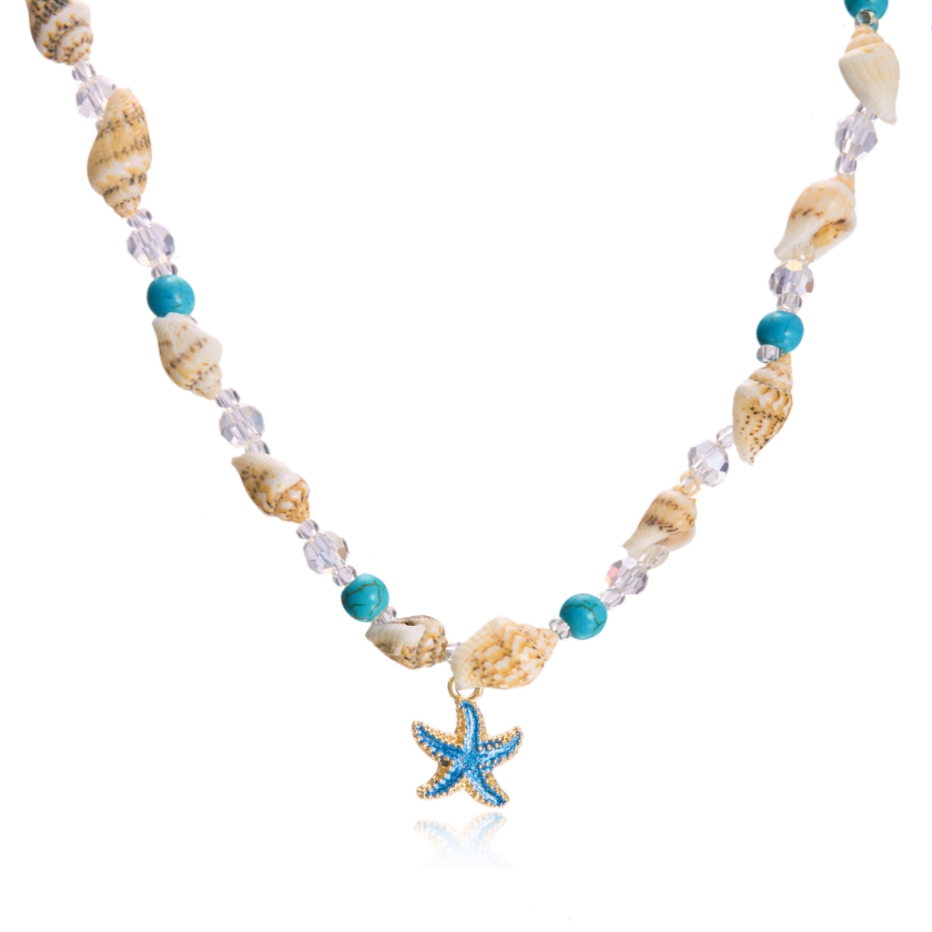 Handmade Beach ปลาดาวสร้อยคอหอยสังข์ลูกปัดสร้อยคอ Boho Choker สําหรับผู้หญิงแฟชั่นเครื่องประดับของขวัญฤดูร้อนสีฟ้าสีชมพูลูกปัด