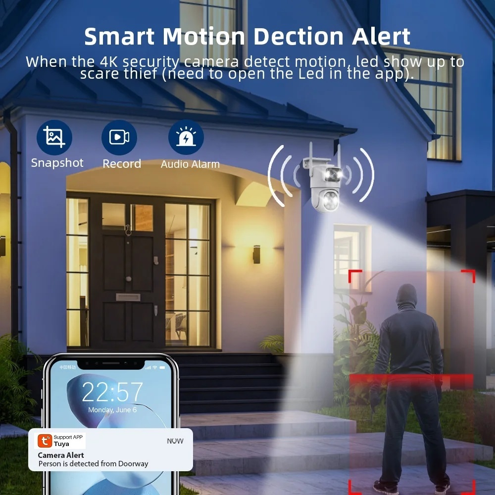 Tuya/smart Life 4MP PTZ Wifi กล้อง IP กลางแจ้งเลนส์คู่หน้าจอคู่ที่มีสีสัน Night Vision Auto Track กล้องวงจรปิดความปลอดภัยการเฝ้าระวังกล้อง