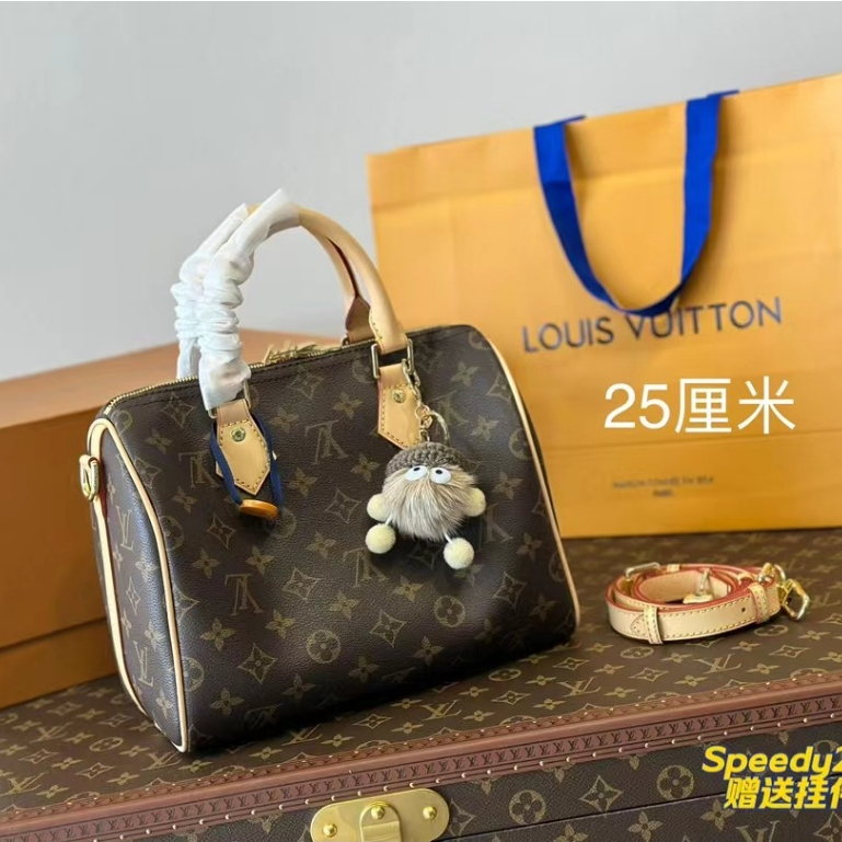Speedy Classic 25 ซม.หมอนกระเป ๋ าพิมพ ์ หนังแท ้ แบบพกพาCrossbodyกระเป ๋ าหญิงพร ้ อมกล ่ องของขวัญพับได ้ LL999999-0605