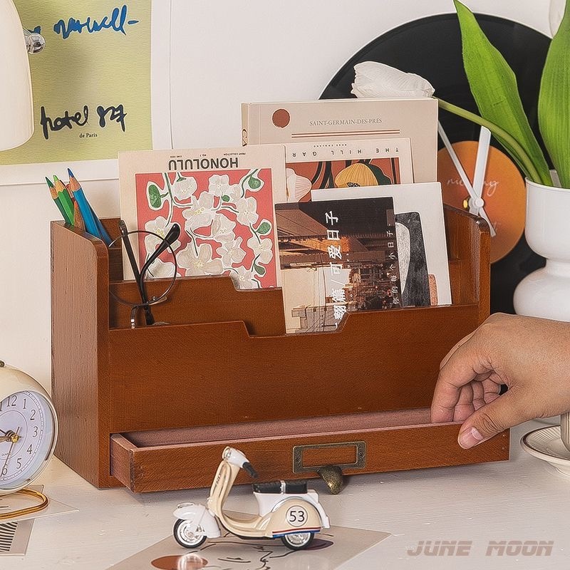 PLUTOSTYLE Desktop Organizer Storage Rack ไม้ พร้อมลิ้นชักสำหรับจัดเก็บแสตมป์หมายเหตุกระดาษคลิปกรรไกร