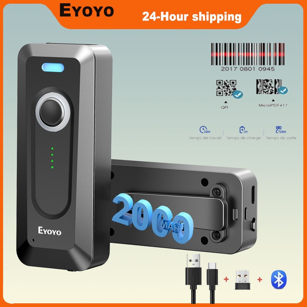Eyoyo 1D 2D QR เครื่องสแกนบาร์โค้ดบลูทูธแบบพกพาไร้สายพร้อมคลิป, แบตเตอรี่ขนาดใหญ่ 2000mAh พร้อมไฟแสดงสถานะระดับแบตเตอรี่, เข้ากันได้กับ iPhone, iPad, Android