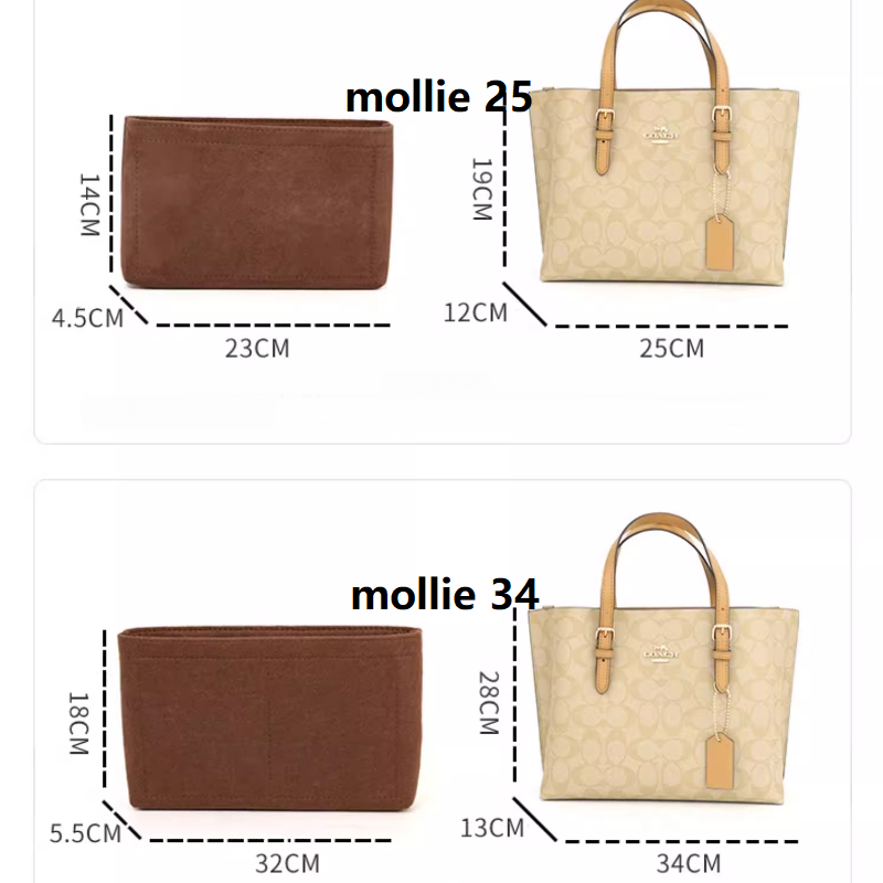 กระเป๋า Suede Organizer ใส่สําหรับ Coach Mollie 25 34 Tote Bag Organiser Divider ภายในแต่งหน้า FELT กระเป๋า