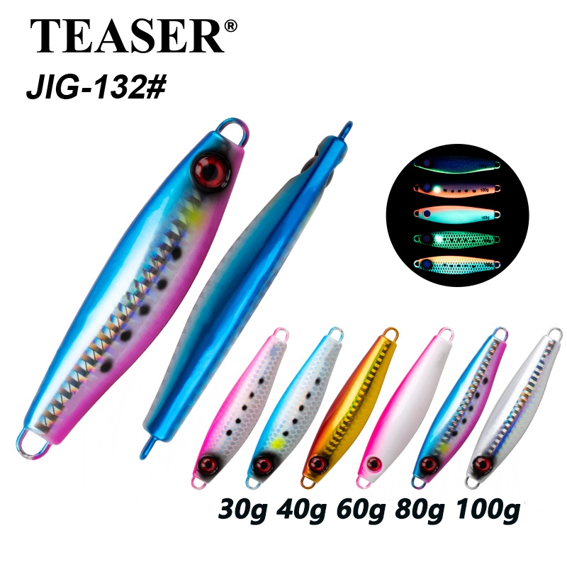 TEASER【J132】1PC ช้าโลหะ Jigging Lure 30g 40g 60g 80g 100g Fish Eye Laser Luminous Fishing Lure น้ําเค็มทูน่าปลาทูตกปลา Jigs เหยื่อ