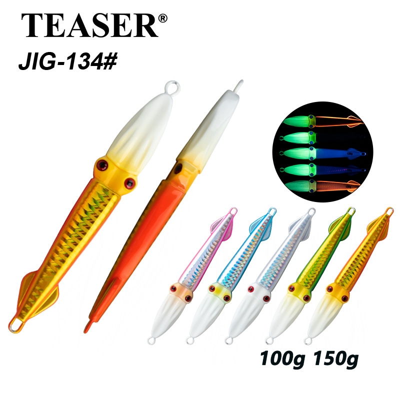TEASER【J134】1pc 100g 150g Luminous Squid Jigging Lure ช้าโลหะตกปลา Lure ตกปลาตา Trolling เหยื่อ Deep Jigging จําลองเหยื่อ Deep Sea ใหญ่ปลาปลาทูน่าเหยื่อ