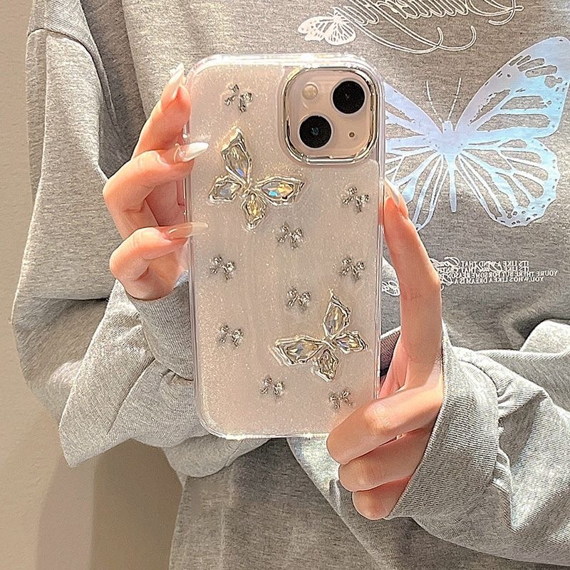 Luxury 3D Pearl Butterfly Fairy Pearlescent กันกระแทกเคสโทรศัพท ์ สําหรับiPhone 15 14 13 12 11 Pro Maxกรอบโลหะเลนส ์ ป ้ องกันกรณี