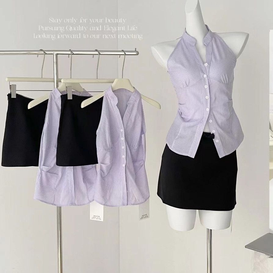 74358 เสื้อเชิ้ตทรงสลิมลายทางสีม่วงกระโปรงโบว์ลูกไม้เอวต่ํา