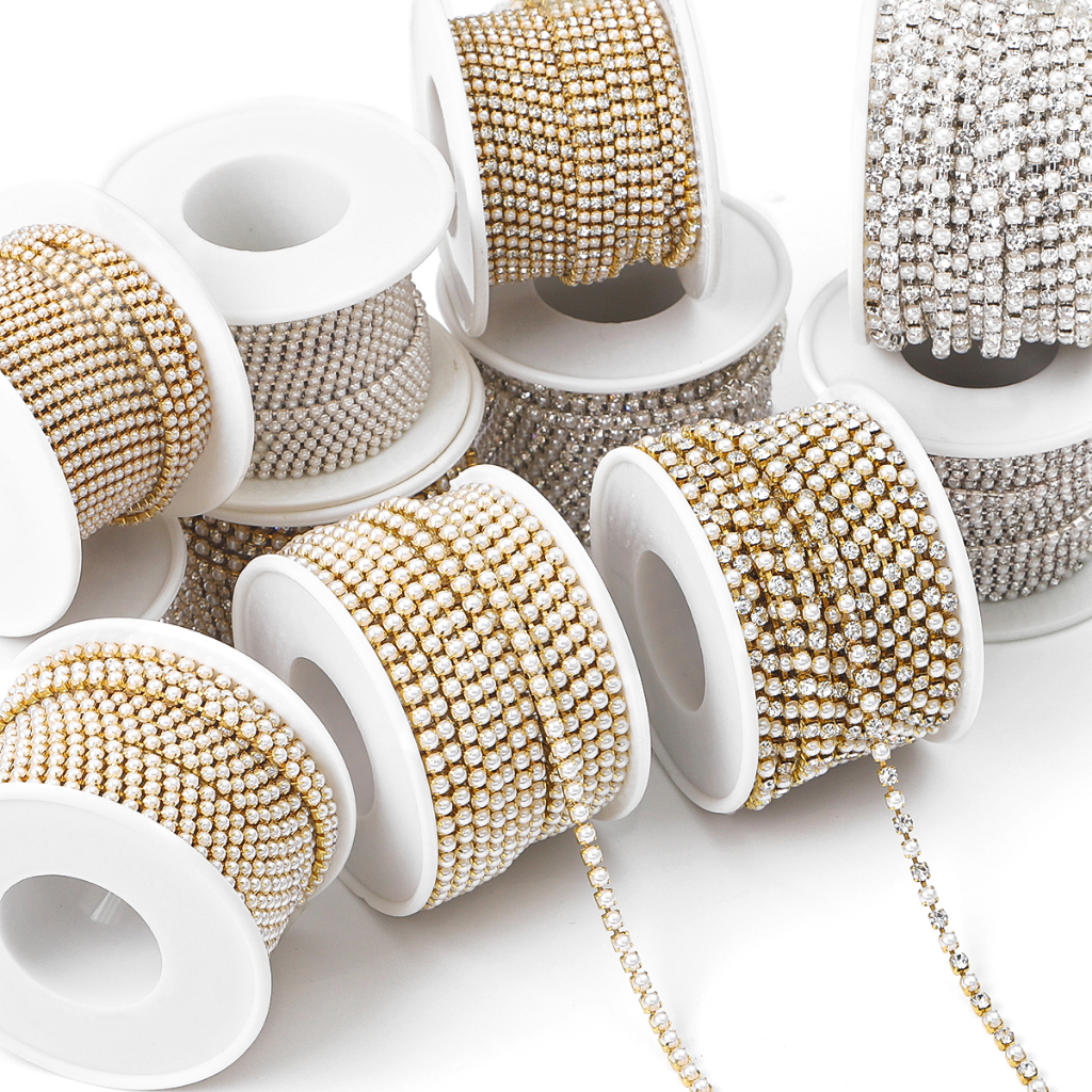 1yard/ม้วนไข่มุก Rhinestone chain เย็บ-On กาวบน rhinestones Trim ถ้วยสําหรับเสื้อผ้า DIY อุปกรณ์เสริมโซ่