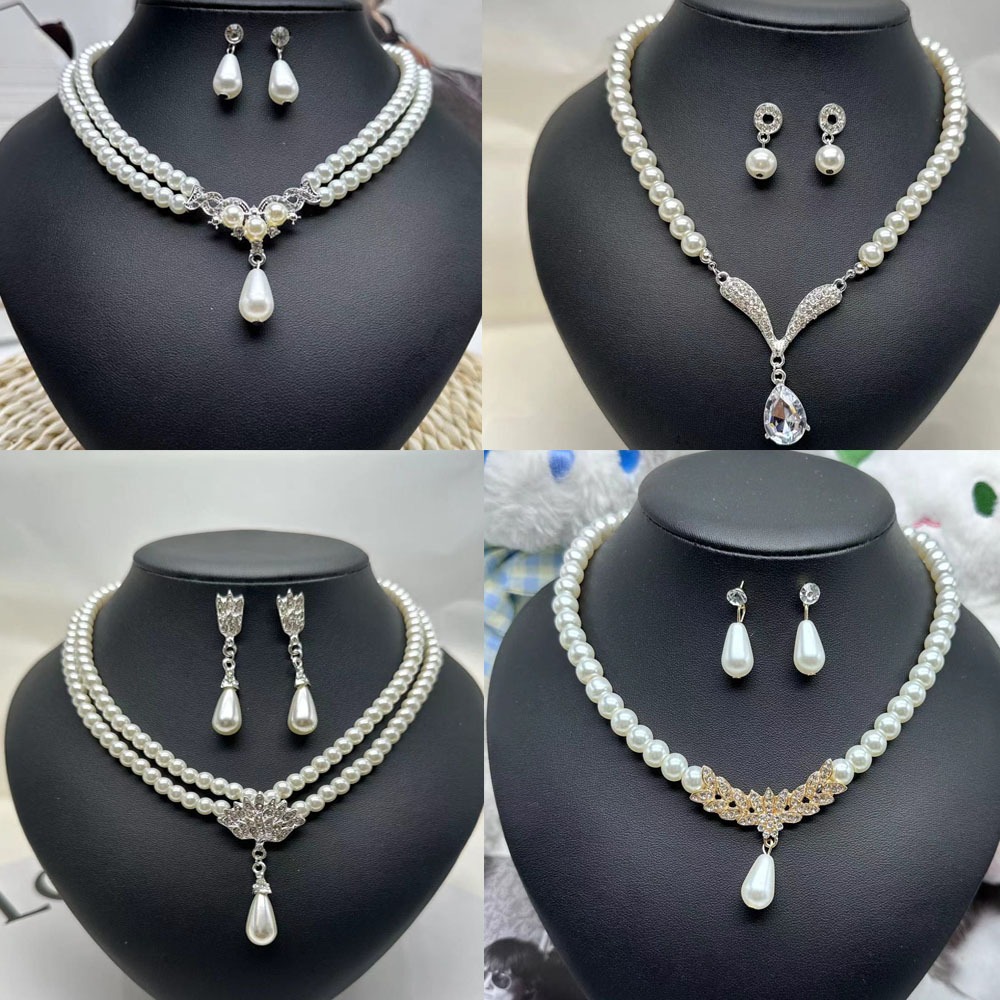 2ชิ้น/เซ็ตมุก ชุดเครื่องประดับคริสตัล ต่างหูมุกกุหลาบโพรงข้าวจี้ สร้อยคอมุกเจ้าสาวชุดเครื่องประดับแฟชั่นงานแต่งงานอุปกรณ์เครื่อ
