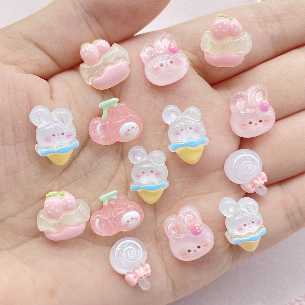 เรซิ่นตกแต่งเล็บ3งการ์ตูนน่ารักกระต่ายไอศครีมแบบตกแต่งเล็บ20ชิ้น