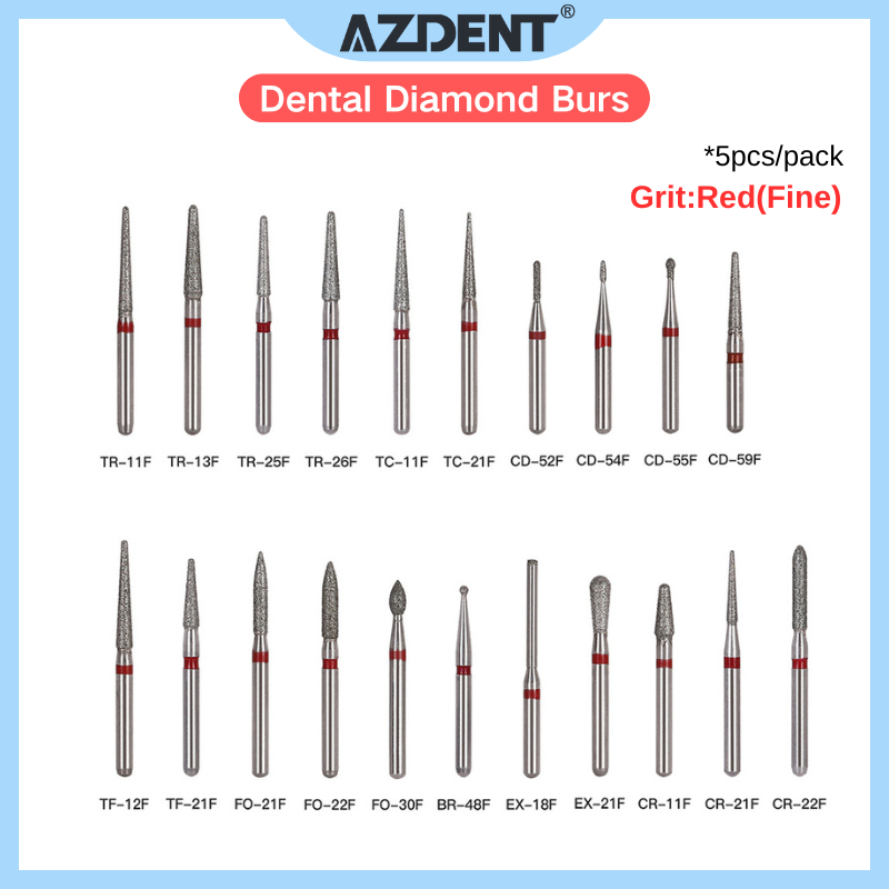 5ชิ้น/แพ็ค| Azdent Dental Diamond Burs FG 1.6 มม. สําหรับ Handpiece ความเร็วสูง Fine Grit สีแดง