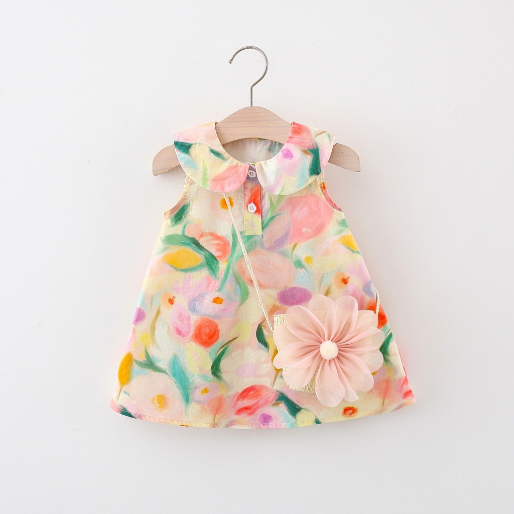 ฤดูร้อนใหม่ดอกไม้ที่มีสีสันแขนกุดเด็กสาวชุด,สไตล์ชนบทเสื้อผ้าเด็กกระเป๋าฟรี (9 เดือน-4 ปี)