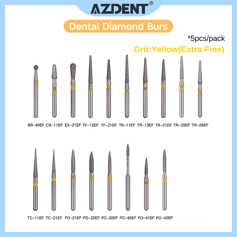 5ชิ้น/แพ็ค| Azdent Dental Diamond Burs FG 1.6 มม. สําหรับ Handpiece ความเร็วสูง Extra Fine Grit สีเหลือง