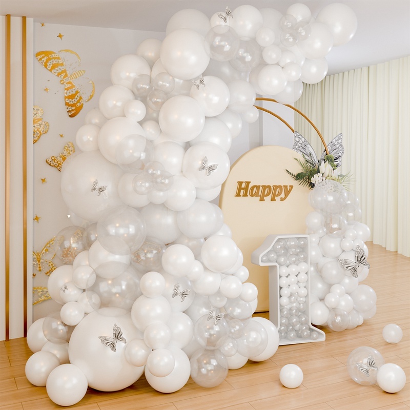 111 ชิ ้ นมุกสีขาวบอลลูน Garland Arch Kit บอลลูนยางสีขาวสําหรับ Happy Birthday Anniversary งานแต ่ งงาน Baby Shower วันเกิดตกแต ่ งชุด