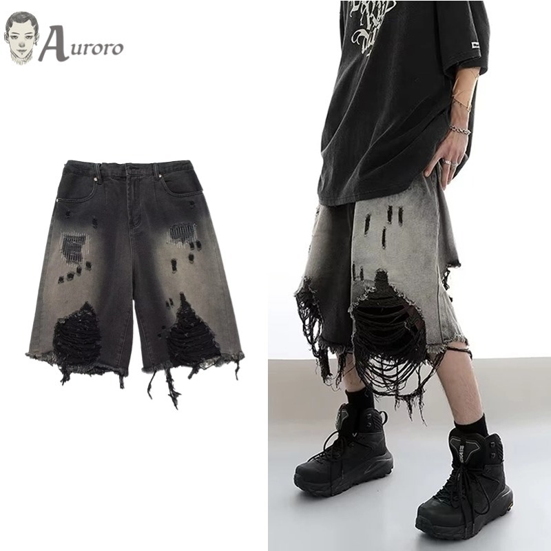 Hole แฟชั ่ นกางเกงยีนส ์ กางเกงขาสั ้ นสําหรับผู ้ ชายความงาม High Street Denim กางเกงสําหรับชายแนวโน ้ มหลวมกางเกงลําลองสําหรับชาย