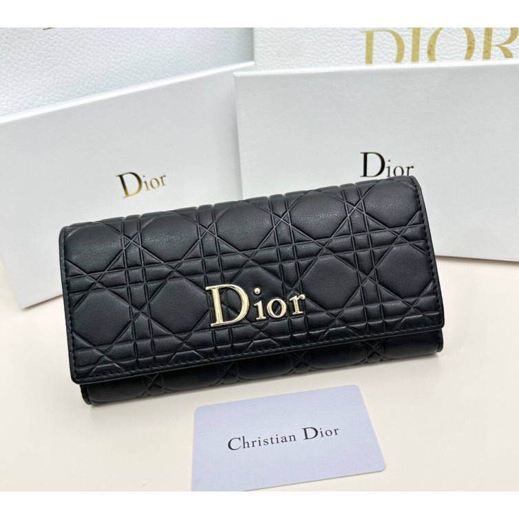 [กล่องของขวัญ] กระเป๋าผู้หญิง Dior กระเป๋าหนังวัว กระเป๋าสตางค์แบบพับคู่