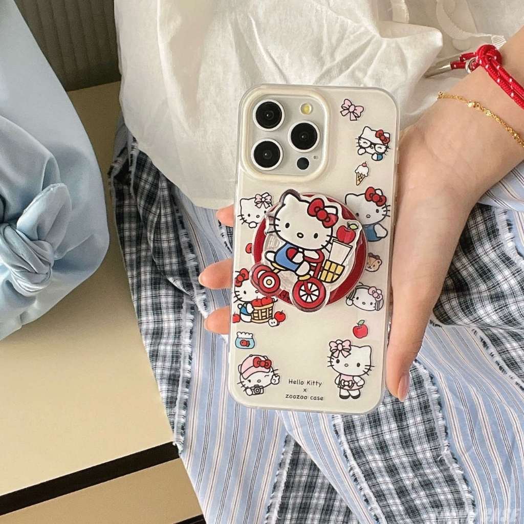 การ์ตูน Hello Kitty ขี่จักรยานวงเล็บแม่เหล็กเคสโทรศัพท์สําหรับ iPhone 15 14 13 12 Pro Max กันกระแทกอะคริลิคปกอ่อน