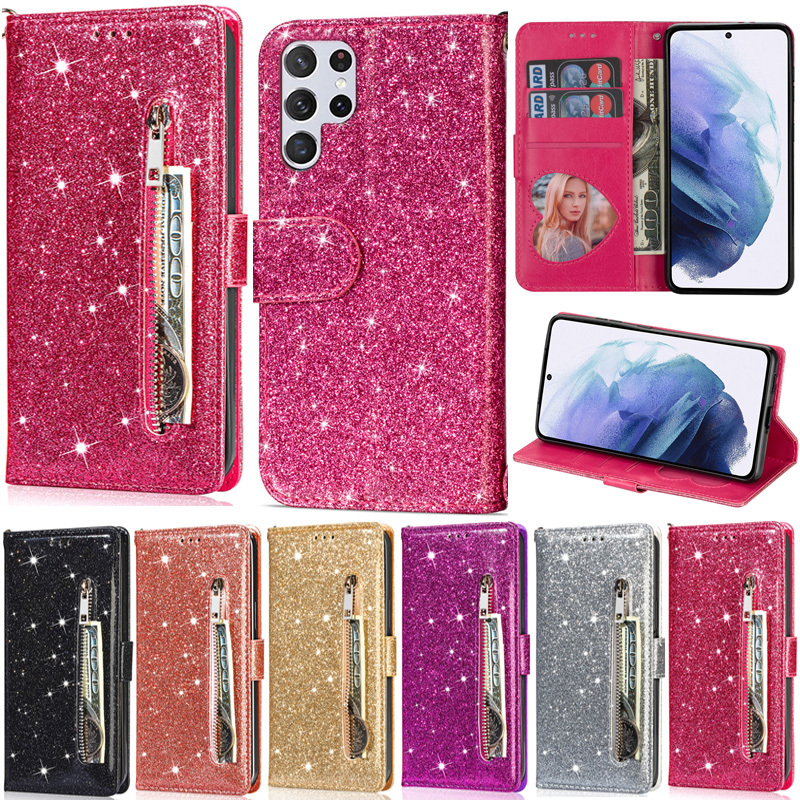 ซิปสําหรับ Samsung Galaxy S25 Ultra S24 Ultra S23 Ultra S22 Ultra A55 A35 A25 5G S25 Plus S24 Plus S22 Plus S23 Plus Luxury Glitter กระเป๋าสตางค์หนัง PU ฝาครอบกรณี