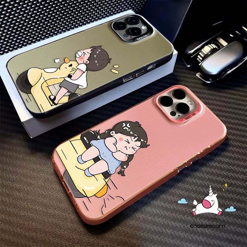 การ์ตูนเรียบง่ายตลกน่ารักคู่สําหรับ IPhone 7Plus 11 14 12 13 15 Pro Max XR XS Max X 7 14 8 15 Plus SE แบรนด์อินเทรนด์ Creative Lover หรูหราชุบโลหะฝาครอบเลนส์