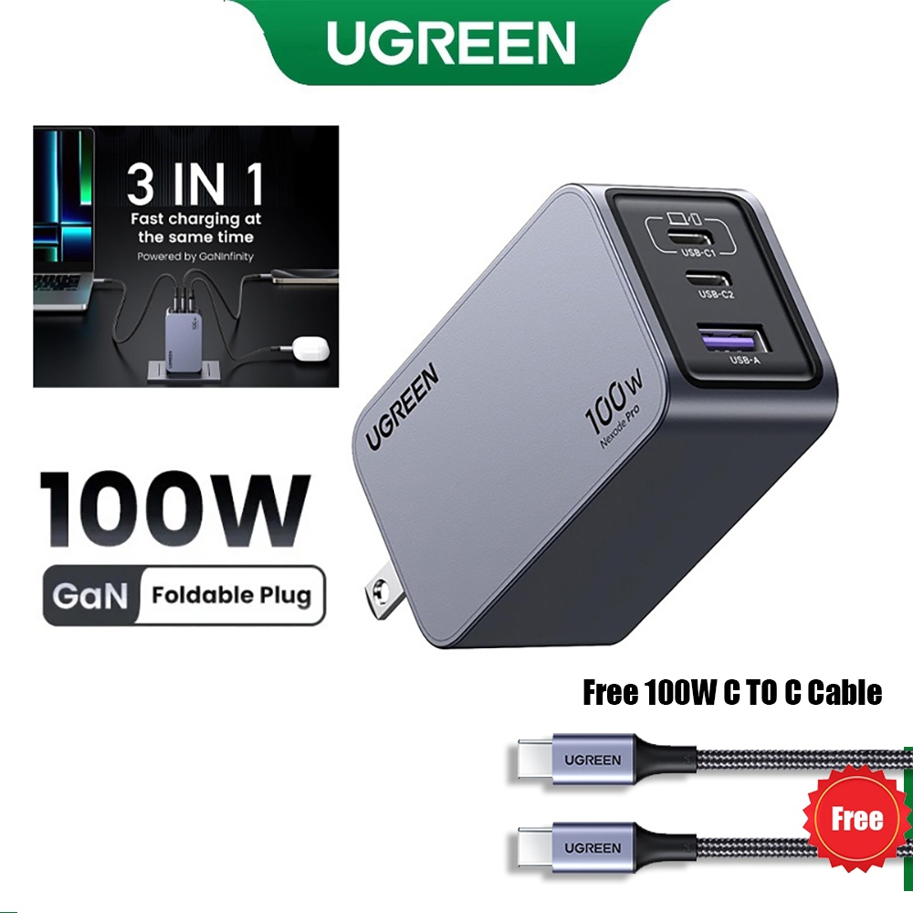 Ugreen Nexode Pro 100W GaN USB C Fast Charger พอร์ตชาร์จ 3 พอร์ต Fast Charging Wall Charger Travel Quick Charging พร้อมสาย Type C 1.5 ม.