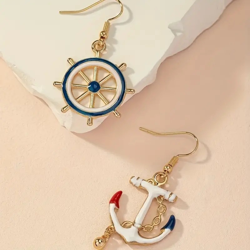 แฟชั่น All-Match Texture สีฟ้าสีขาวสีกรมท่า Anchor Rudder ต่างหูที่พูดเกินจริง