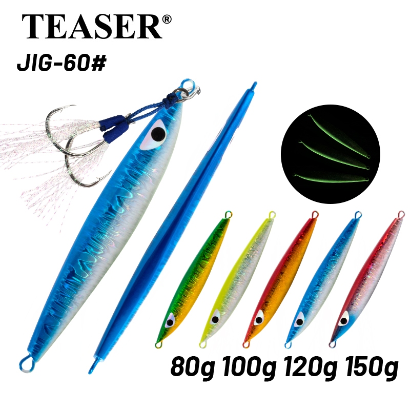 TEASER【J60】Slow โลหะ Jig Fishing Lure 100g 120g 150g Sinking ประดิษฐ์ 3D ตาเบสปลาเทราท์เหยื่อเลเซอร์น้ําเค็มฤดูหนาว Tackle Z4 WIth Assist Hook