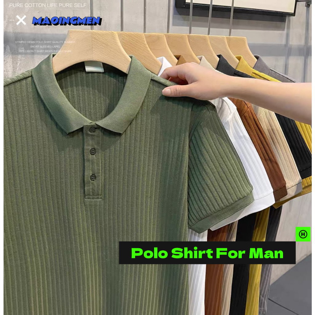 [MAOINGMEN ] เสื้อโปโลแขนสั้น ผ้าเรยอน ลายวาฟเฟิล สําหรับผู้ชาย แถบ สีทึบ ระบายอากาศได้ เสื้อยืด