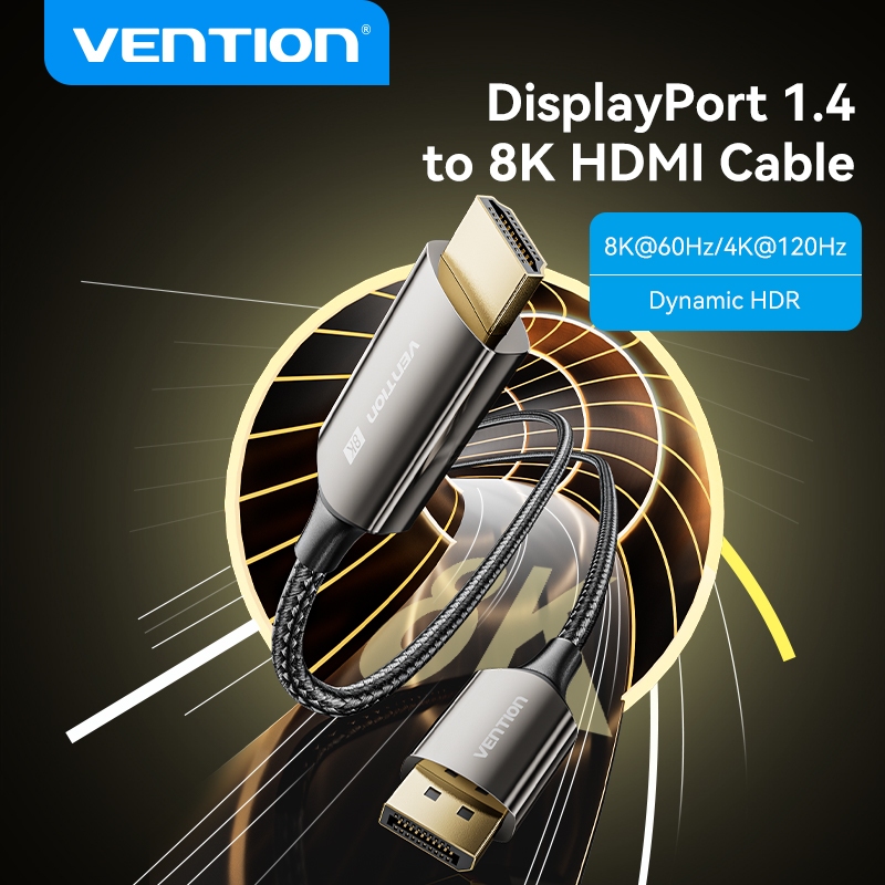 Vention DisplayPort เป็นสาย HDMI HD 8K 60Hz HDR 144Hz DP 1.4 ถึง HDMI 2.1 สายถักทิศทางเดียวรองรับ HD