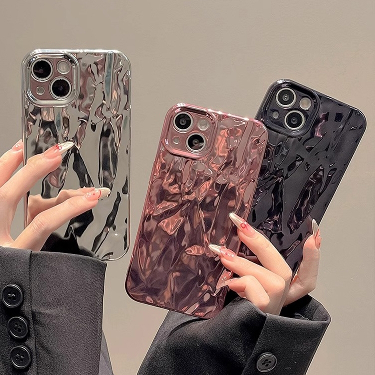 ชุบ Pleats นุ่มแฟชั่นเคลือบเงากันกระแทกเคสโทรศัพท์เข้ากันได้สําหรับ iPhone 15 14 13 12 11 Pro Max ฝาครอบโทรศัพท์ปลอกเลนส์ป้องกัน