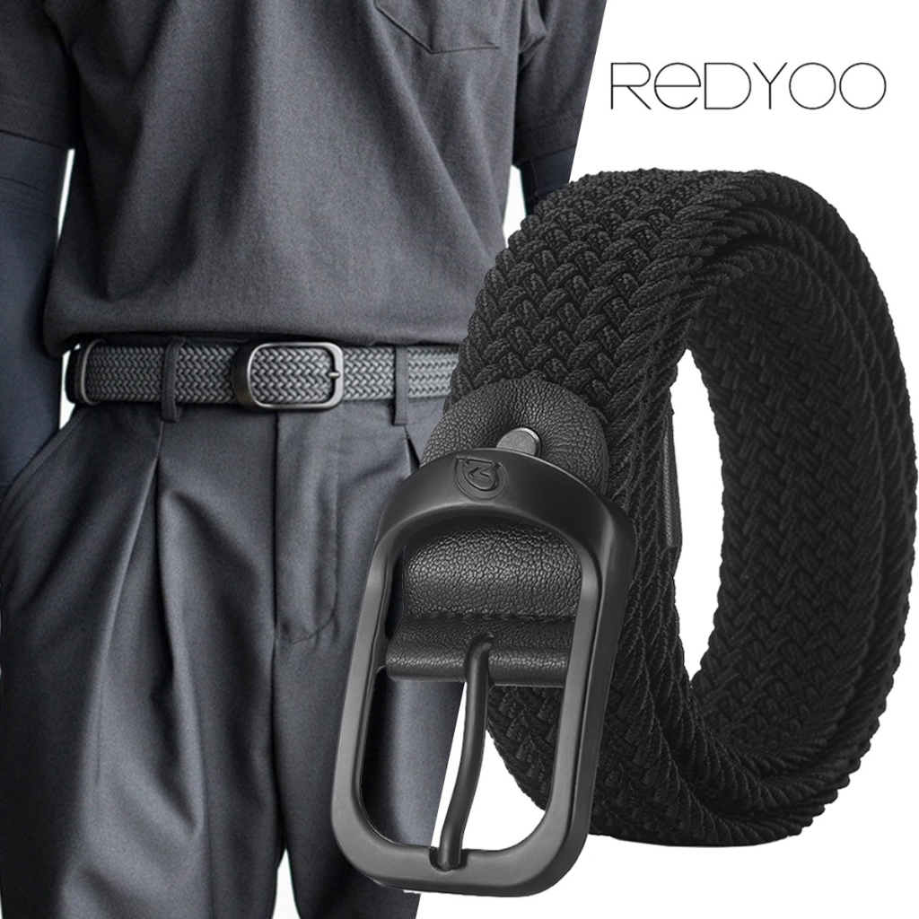 REDYOO เรดโย ผู้ชายยืดหยุ่นแฟชั่นเข็มขัดโลหะขาหัวเข็มขัดถักยืดผ้าใบทอถักออกแบบ