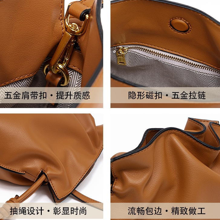 กระเป๋าสะพายไหล่ ทรงบักเก็ต หนังวัวแท้ ขนาดเล็ก แบบเรียบง่าย แฟชั่นสําหรับสตรี - รูปที่ 4