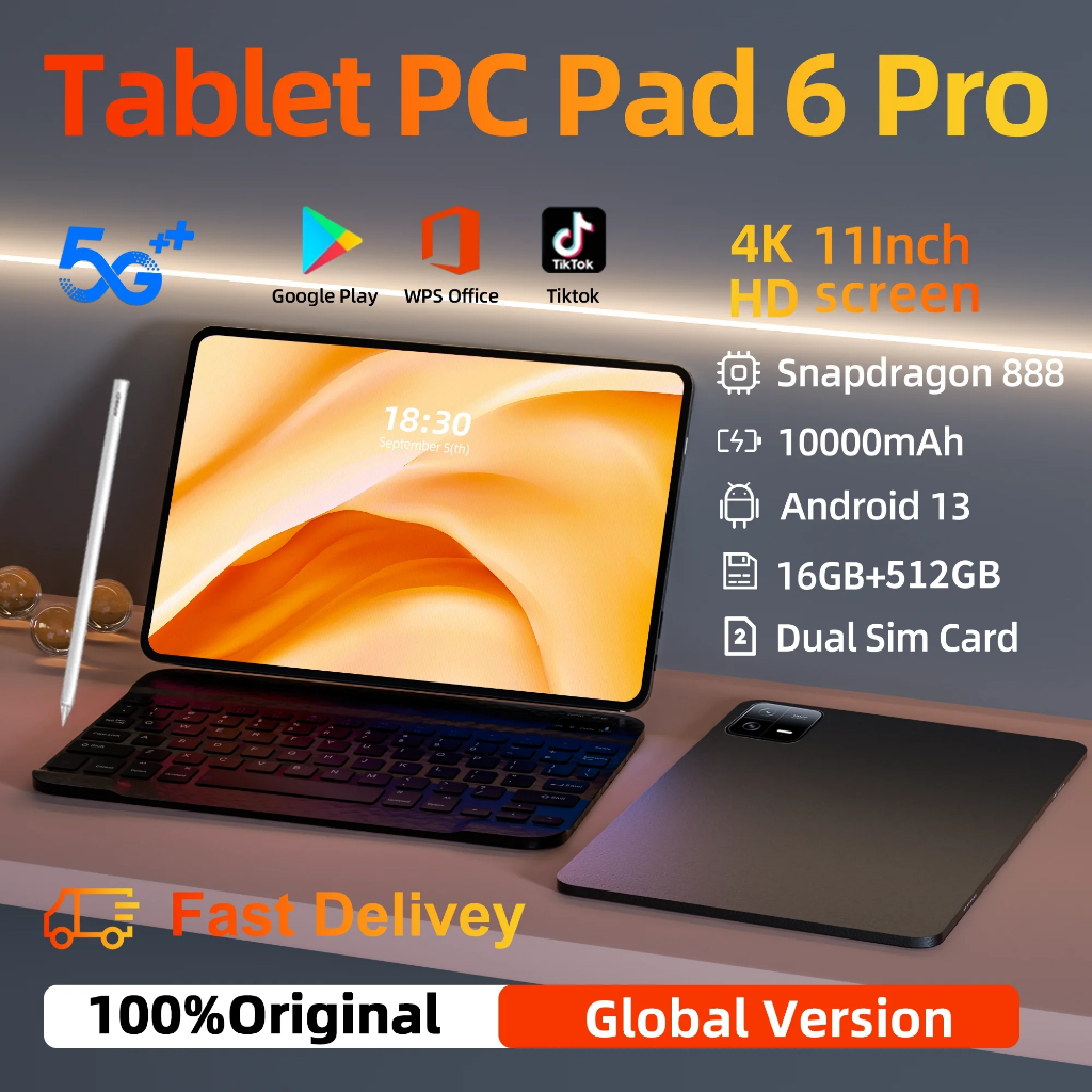 2026 ต้นฉบับเวอร์ชันทั่วโลก Pad 6 Pro แท็บเล็ต Android13 PAD 12GB+512GB Snapdragon 888 แท็บเล็ต PC D