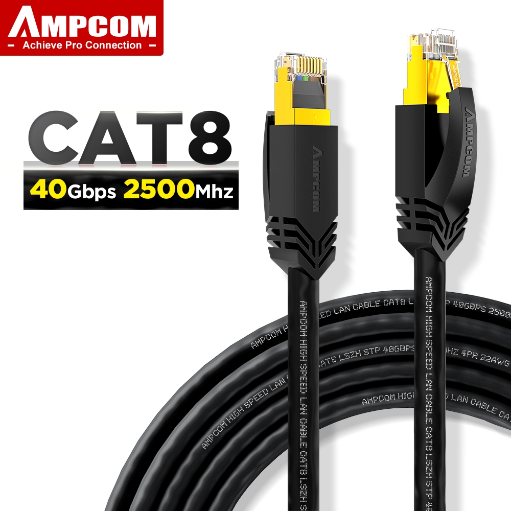 AMPCOM CAT8 S/FTP Ethernet Cable, 1-25m, High-Speed, Shielded, 23AWG, 50U Gold Plated RJ45 - สายเคเบิลอีเธอร์เน็ตแบบ S/FTP ของ AMPCOM ความยาว 1-25 เมตร ความเร็วสูง มีการป้องกันรบกวน ตาข่ายสามารถอากาศยานทองคำ 50U และ RJ45