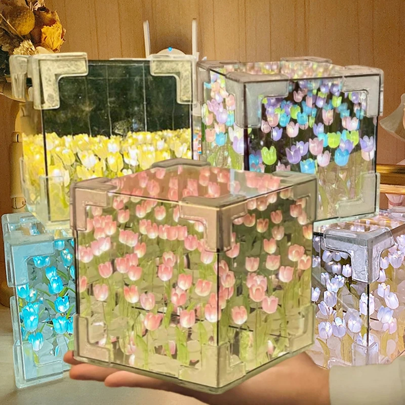 Diy ทิวลิปกระจก Cube โคมไฟจําลองดอกไม ้ ห ้ องนอนโคมไฟตั ้ งโต ๊ ะ Handmade Craft ทิวลิปกระจก Night Light ของขวัญวันเกิด