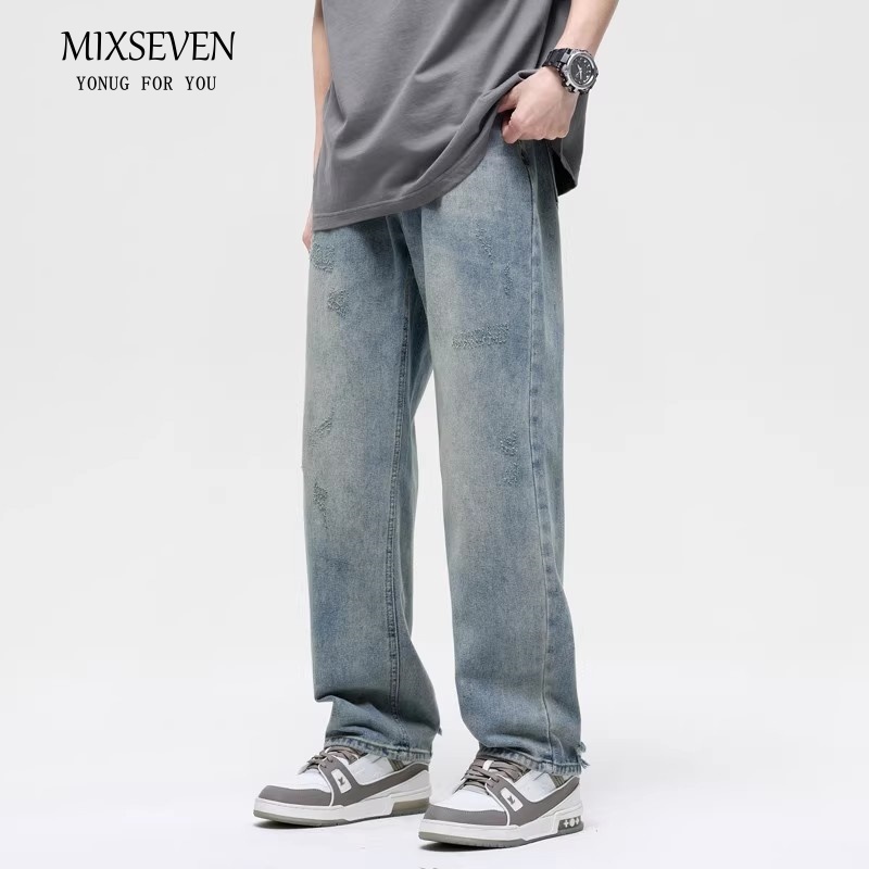 MIXSEVEN -กางเกงยีนส์ผู้ชาย ทรงหลวม สีฟ้า ทรงกระบอก ใส่สบาย ทรงสวย สีสวย พร้อมส่ง สไตล์วินเทจ ผ้ายีนส์ baggyjeans