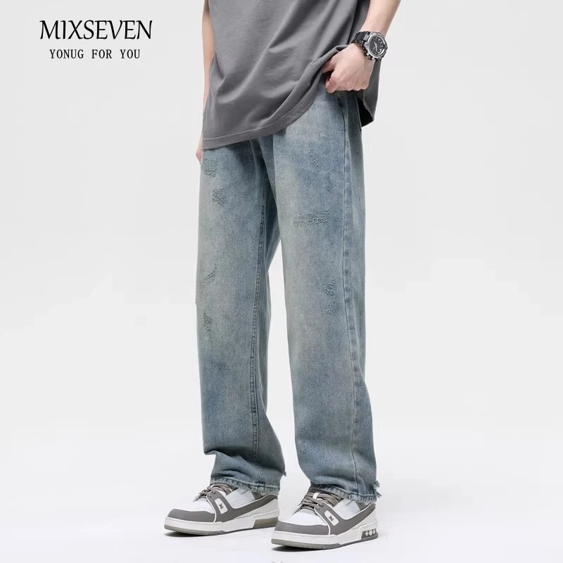 MIXSEVEN -กางเกงยีนส์ผู้ชาย ทรงหลวม สีฟ้า ทรงกระบอก ใส่สบาย ทรงสวย สีสวย พร้อมส่ง สไตล์วินเทจ ผ้ายีนส์ baggyjeans