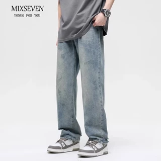MIXSEVEN -กางเกงยีนส์ผู้ชาย ทรงหลวม สีฟ้า ทรงกระบอก ใส่สบาย ทรงสวย สีสวย พร้อมส่ง สไตล์วินเทจ ผ้ายีนส์ baggyjeans