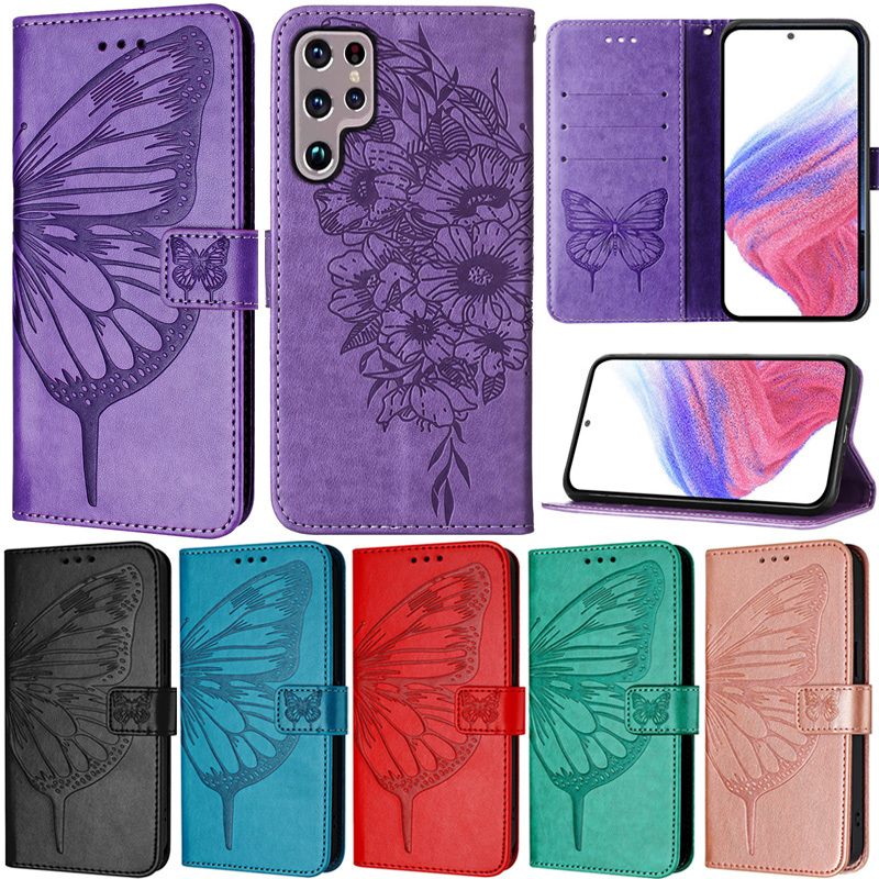 SAMSUNG หรูหราสําหรับsamsung Galaxy S24 Ultra S23 FE S23 Plus S21 FE S23 Ultra S24 Plus S20 FE 5G S22 Ultra S22 + Retroผีเสื้อพืชกระเป๋าสตางค์การ์ดหนังนุ่มFlipขาตั้งกรณี