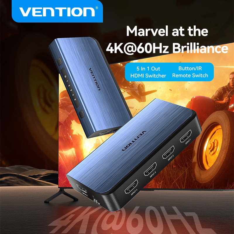 Vention HDMI Switch 5 in 1 Out 4K@60Hz HDMI Splitter Selector Remote รองรับ 3D CEC HDR HDCP2.2 สําหร