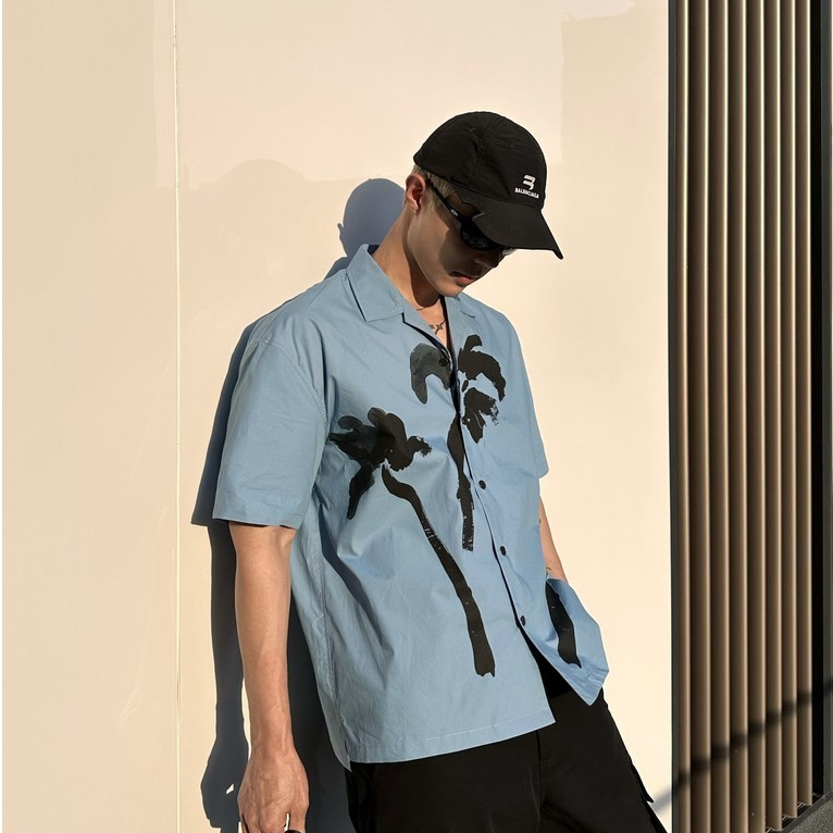 Eershenshi ใหม่ปลอกคอคิวบาพิมพ์ต้นฉบับสไตล์วันหยุดฮาวายสีน้ําเงินแขนสั้น - รูปที่ 4