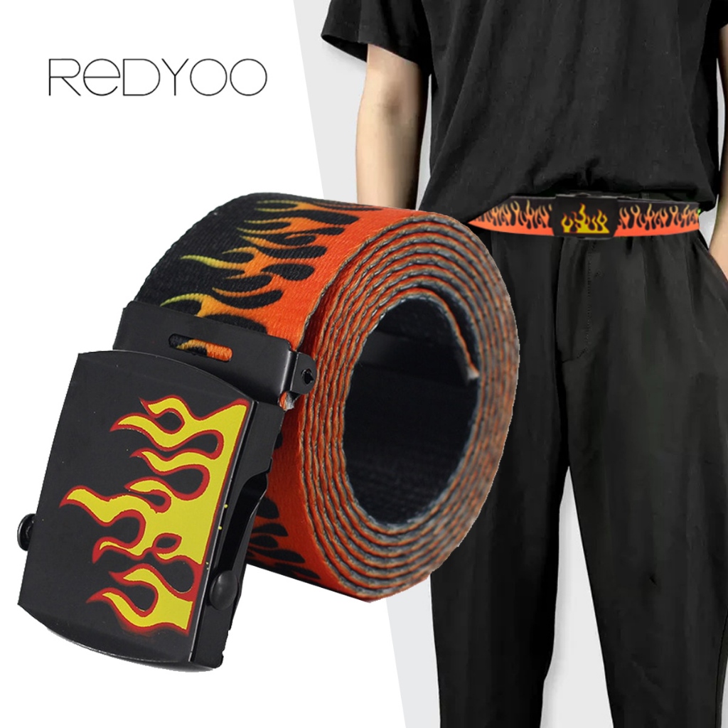 REDYOO เรดโย ที่มีคุณภาพสูงผู้ชายเปลวไฟพิมพ์ผ้าใบเข็มขัดเอวแฟชั่นกางเกงยีนส์ ยู นิสซ์ เอวกางเกงยีนส์เข็มขัด