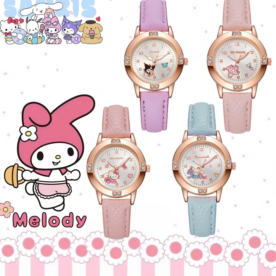 Sanrio Kuromi Melody นาฬิกาควอตซ์สําหรับเด็กผู้หญิง Hello Kitty Cinnamoroll Rose Gold Diamond Stundet นาฬิกาสําหรับเพื่อน