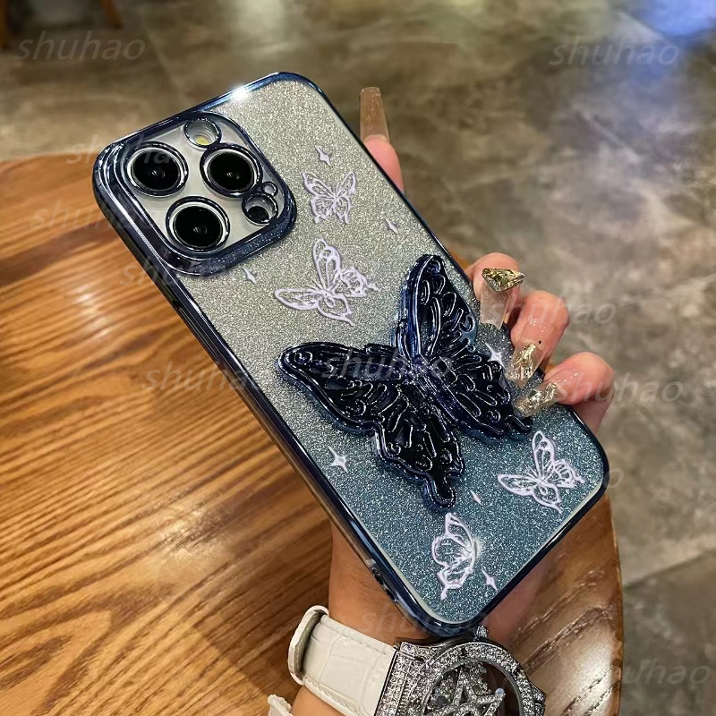 เคส OPPO Reno 2 Reno Z Reno 2F 2Z Reno 4 4G Reno 5 Reno 5K Reno 5 Pro Reno 6 5G ลายผีเสื้อ + ตัวยึดผีเสื้อ Glitter Powder