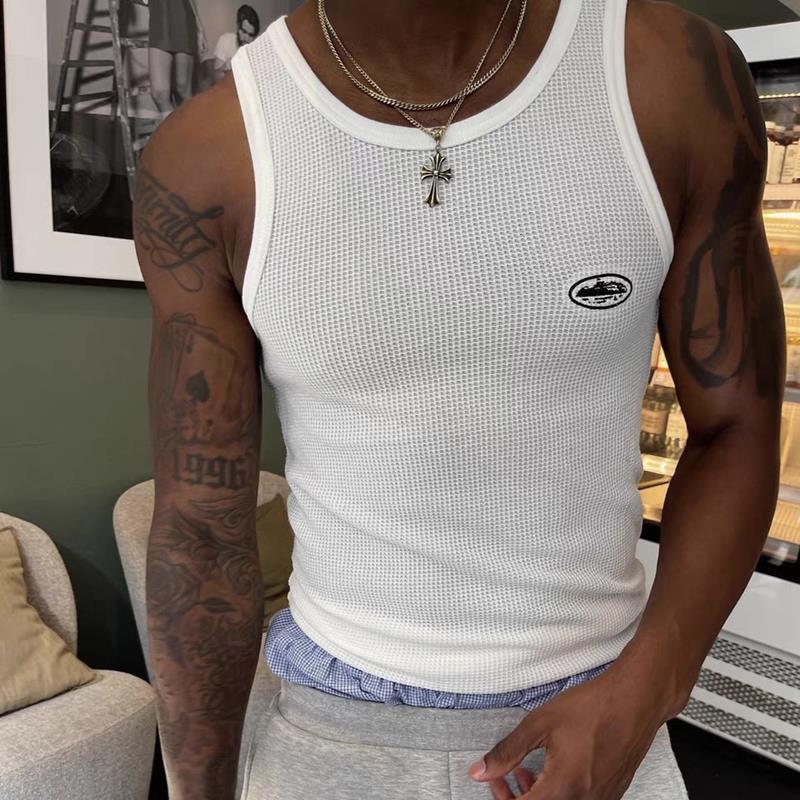 Corteiz Devil Island ไฟฟ้าปักโลโก้ Basic Vest สีทึบรอบคอด้านบนผู้ชายฤดูร้อนเสื้อฐานผอมเสื้อกั๊ก Casu