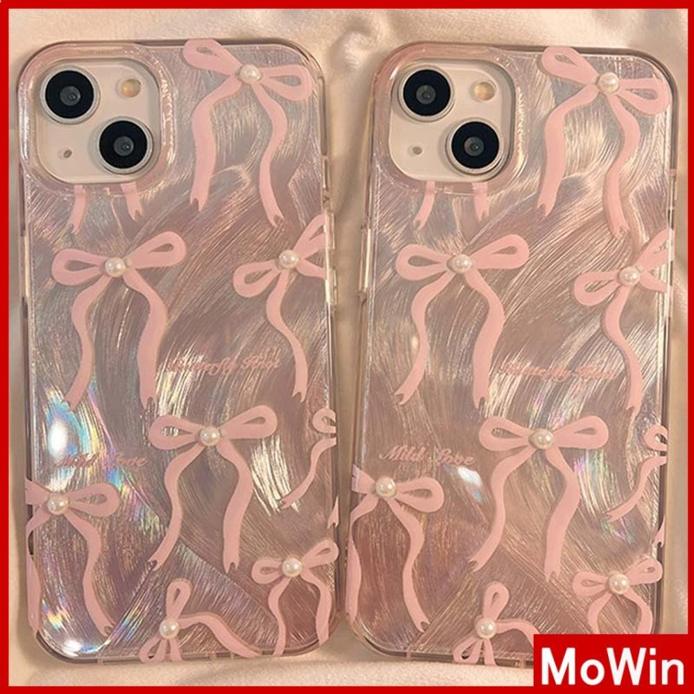 Mowin - สำหรับ iPhone 11 15 PRO MAX เคส iPhone ขนนกสีเงินหรูหราโฮโลแกรมเลเซอร์ CLEAR Case Soft TPU สีชมพูโบว์เล็กเข้ากันได้กับ iPhone 14 13 PRO MAX 12 PRO MAX 11 XR