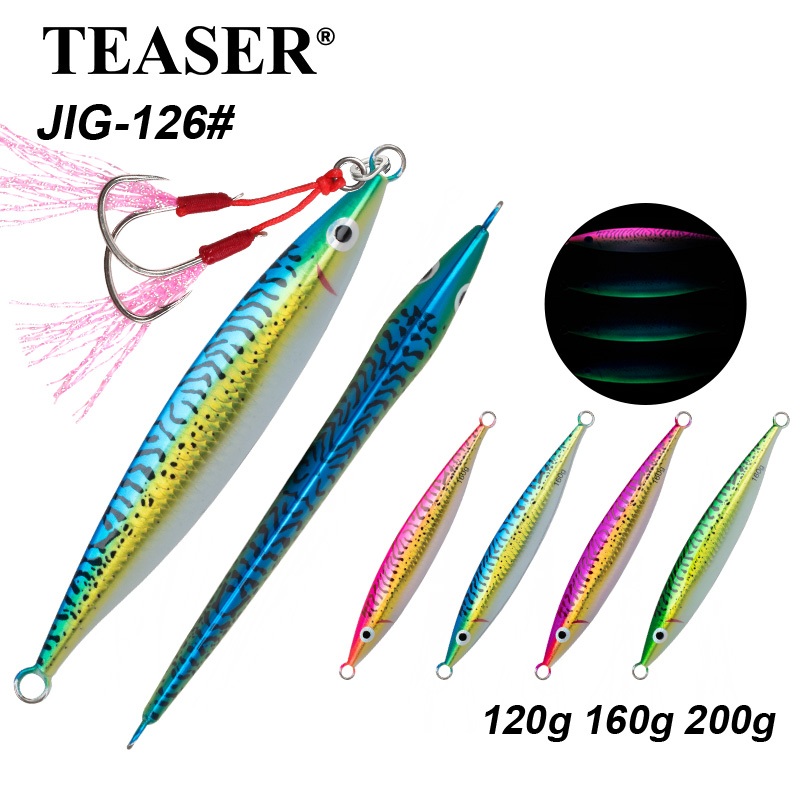 TEASER【J126】120g 160g 200g 3D พิมพ์โลหะช้า Jigging Lure Fish Eye Long Casting เหยื่อตกปลาทะเล Jigs เหยื่อสําหรับ Tuna Trigger ปลา Assist Hook